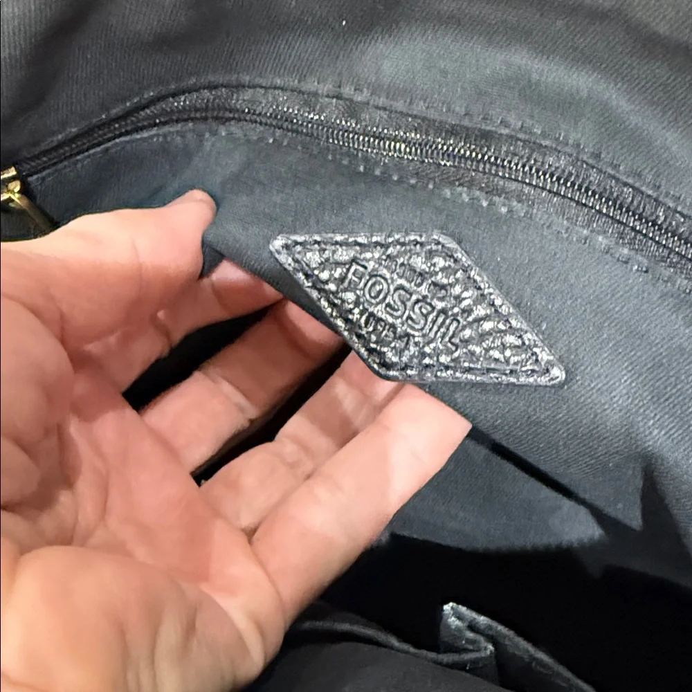 Fossil Black Leather Messenger Bag with Gold Hardware Accents